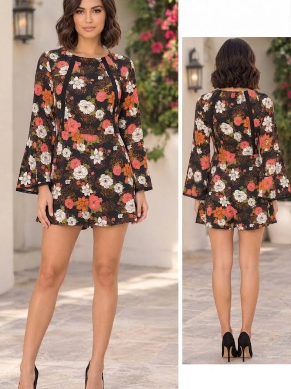 Copper Key Boho Floral Bell sleeve Mini Romper Eyelet lace Romper dress M